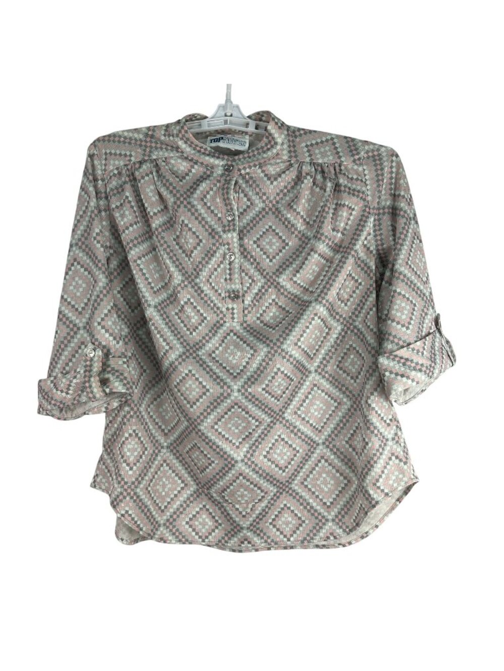 Top Notch Womens Button-Up Blouse Size 38 Pink/Gray Diamond Print Polyester USA